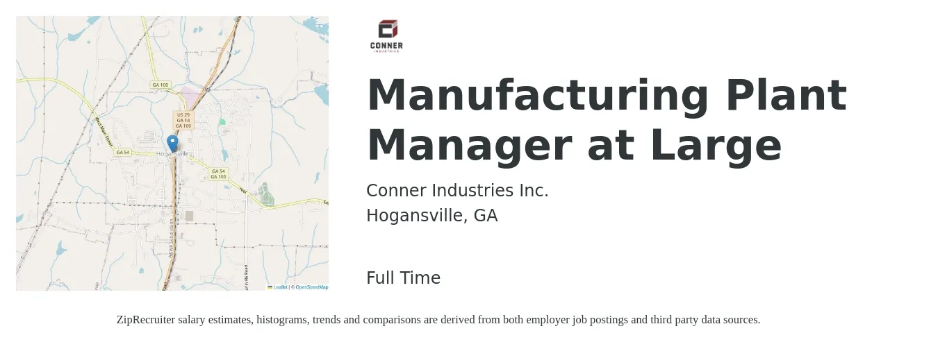 Conner Industries Inc. job posting for a Manufacturing Plant Manager at Large in Hogansville, GA with a salary of $82,300 to $127,100 Yearly with a map of Hogansville location.