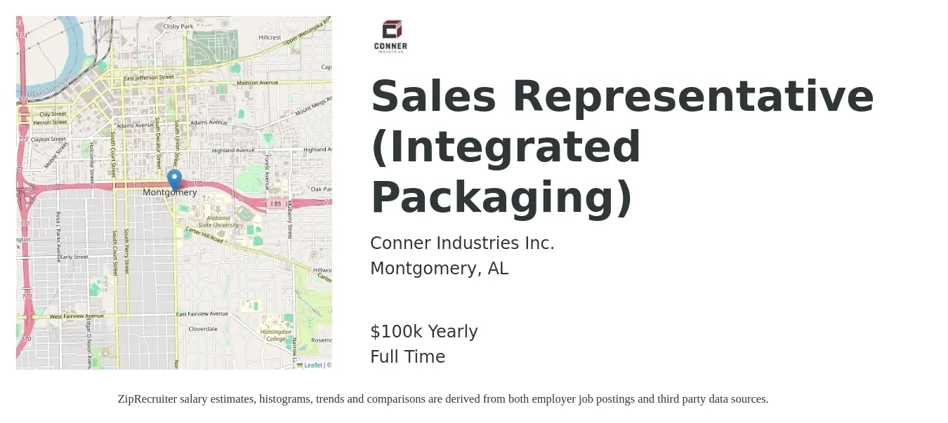 Conner Industries Inc. job posting for a Sales Representative (Integrated Packaging) in Montgomery, AL with a salary of $100,000 Yearly with a map of Montgomery location.