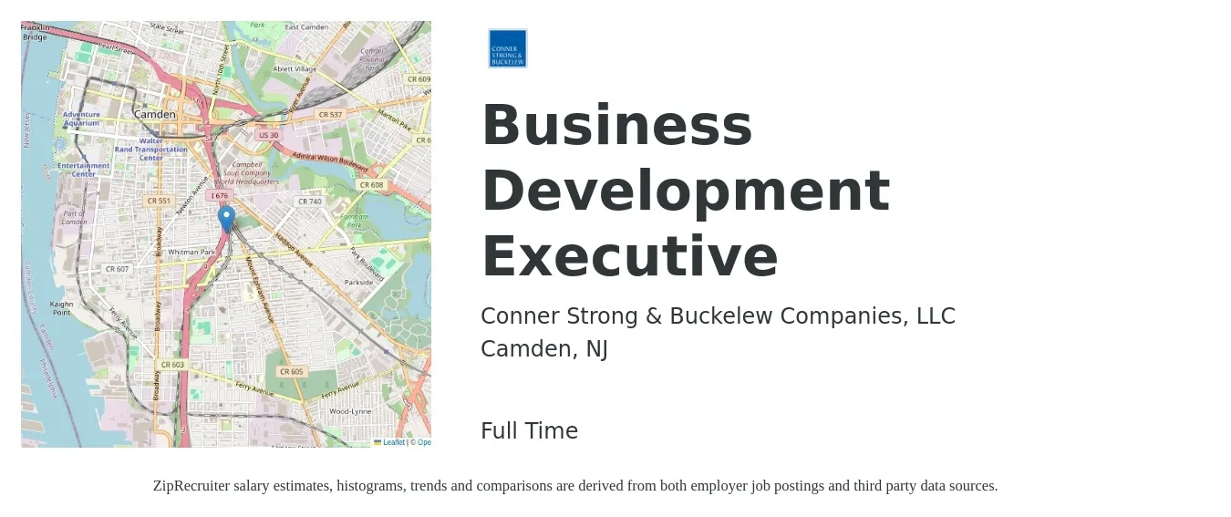 Conner Strong & Buckelew Companies, LLC job posting for a Business Development Executive in Camden, NJ with a salary of $63,500 to $100,700 Yearly with a map of Camden location.
