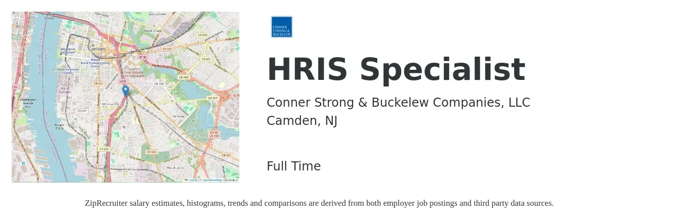 Conner Strong & Buckelew Companies, LLC job posting for a HRIS Specialist in Camden, NJ with a salary of $54,900 to $77,600 Yearly with a map of Camden location.