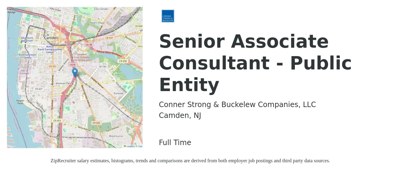 Conner Strong & Buckelew Companies, LLC job posting for a Senior Associate Consultant - Public Entity in Camden, NJ with a salary of $88,100 to $139,000 Yearly with a map of Camden location.