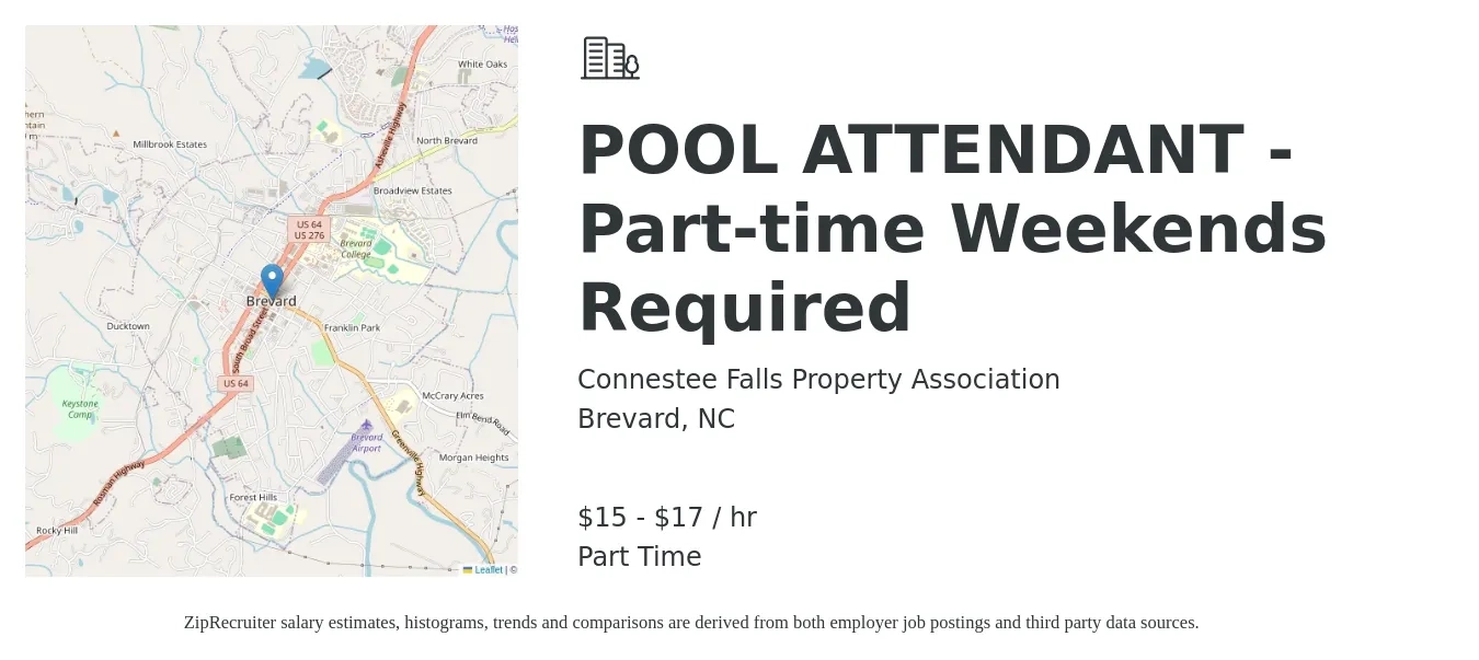 Connestee Falls Property Association job posting for a POOL ATTENDANT -Part-time Weekends Required in Brevard, NC with a salary of $16 to $18 Hourly with a map of Brevard location.