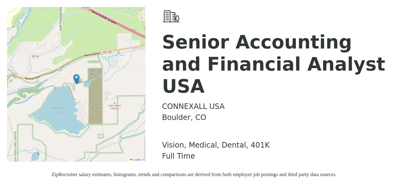 CONNEXALL USA job posting for a Senior Accounting and Financial Analyst USA in Boulder, CO with a salary of $88,700 to $110,500 Yearly and benefits including vision, 401k, dental, life_insurance, and medical with a map of Boulder location.