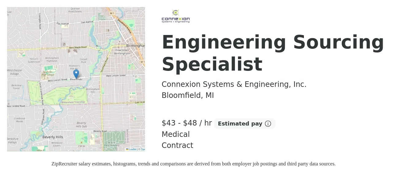 Connexion Systems & Engineering, Inc. job posting for a Engineering Sourcing Specialist in Bloomfield, MI with a salary of $45 to $50 Hourly and benefits including medical, and retirement with a map of Bloomfield location.