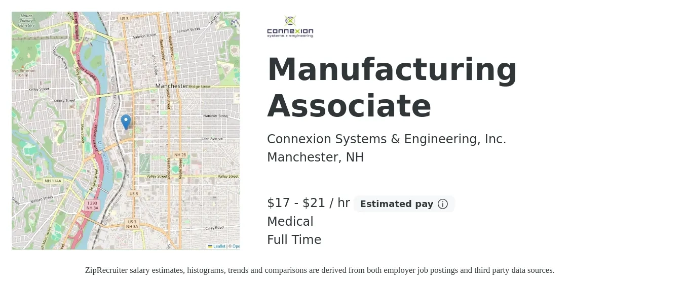 Connexion Systems & Engineering, Inc. job posting for a Manufacturing Associate in Manchester, NH with a salary of $18 to $22 Hourly and benefits including medical with a map of Manchester location.