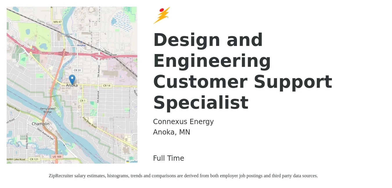 Connexus Energy job posting for a Design and Engineering Customer Support Specialist in Anoka, MN with a salary of $18 to $25 Hourly with a map of Anoka location.