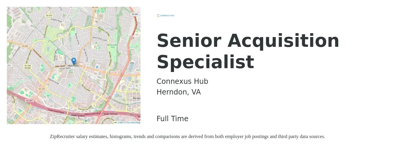 Connexus Hub job posting for a Senior Acquisition Specialist in Herndon, VA with a salary of $140,000 Yearly with a map of Herndon location.
