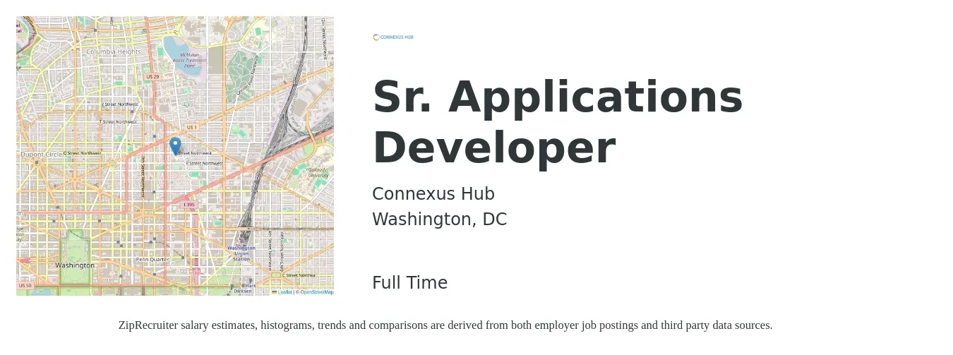 Connexus Hub job posting for a Sr. Applications Developer in Washington, DC with a salary of $175,000 Yearly with a map of Washington location.