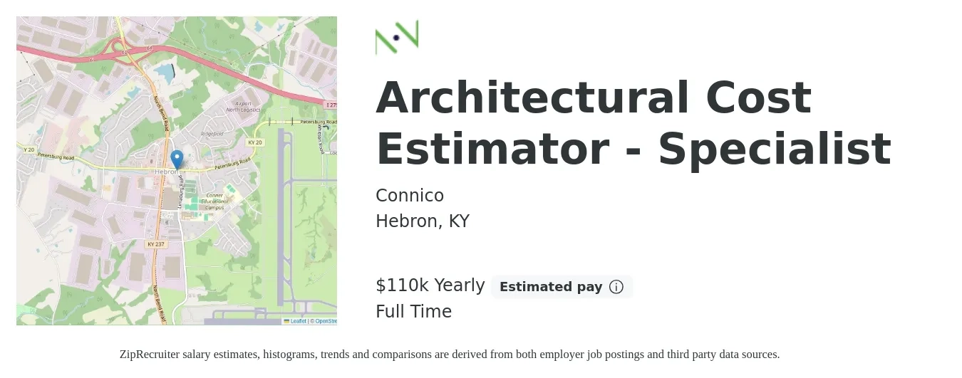 Connico job posting for a Architectural Cost Estimator - Specialist in Hebron, KY with a salary of $110,000 Yearly with a map of Hebron location.