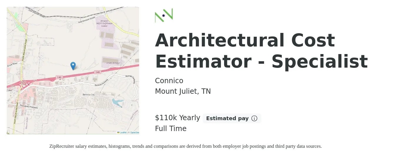 Connico job posting for a Architectural Cost Estimator - Specialist in Mount Juliet, TN with a salary of $110,000 Yearly with a map of Mount Juliet location.