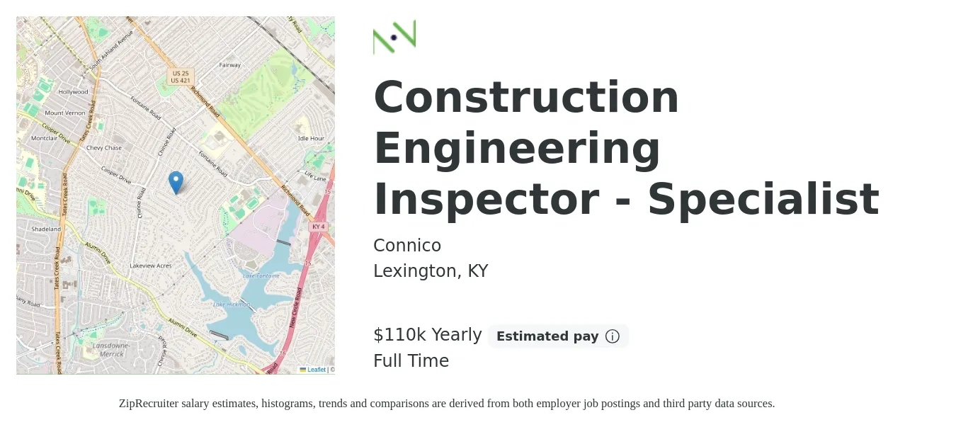 Connico job posting for a Construction Engineering Inspector - Specialist in Lexington, KY with a salary of $110,000 Yearly with a map of Lexington location.