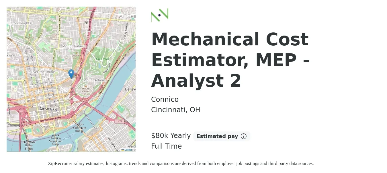 Connico job posting for a Mechanical Cost Estimator, MEP - Analyst 2 in Cincinnati, OH with a salary of $80,000 Yearly with a map of Cincinnati location.