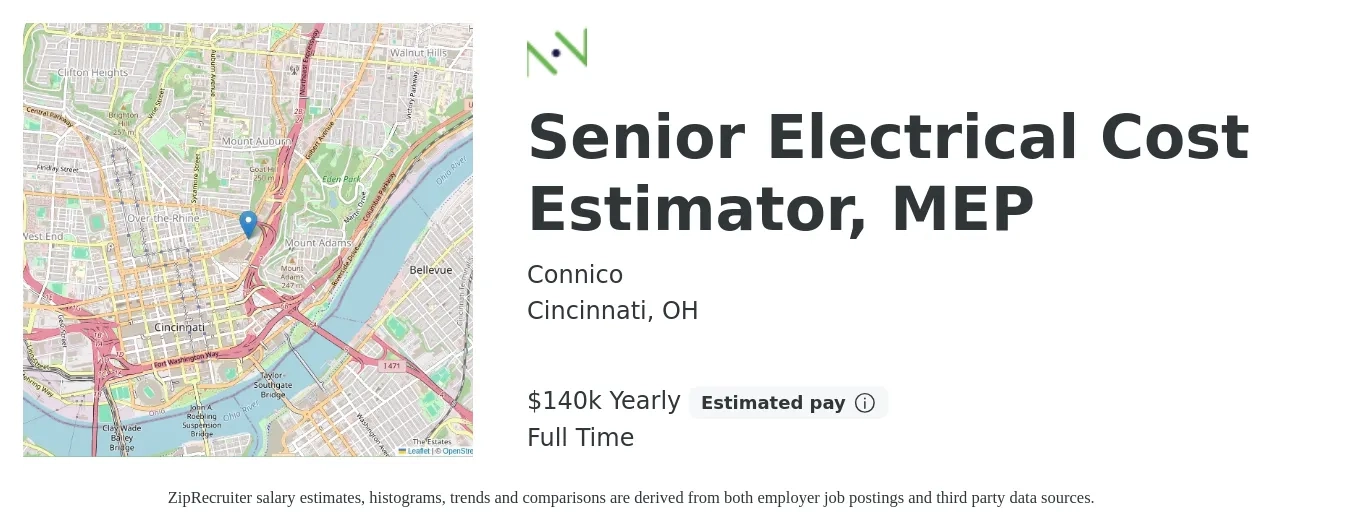Connico job posting for a Senior Electrical Cost Estimator, MEP in Cincinnati, OH with a salary of $125,000 Yearly with a map of Cincinnati location.