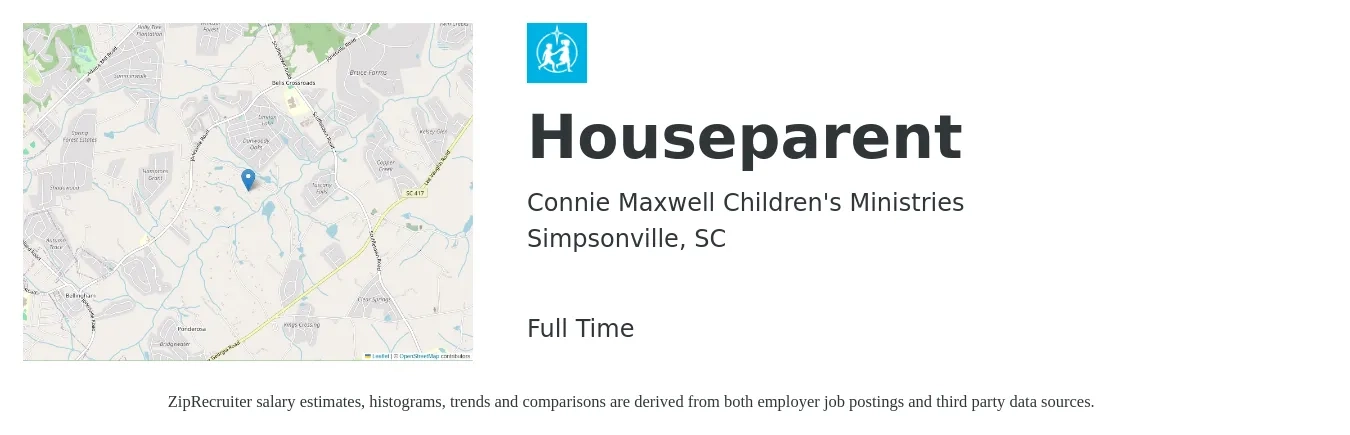 Connie Maxwell Children's Ministries job posting for a Houseparent in Simpsonville, SC with a salary of $11 to $16 Hourly with a map of Simpsonville location.