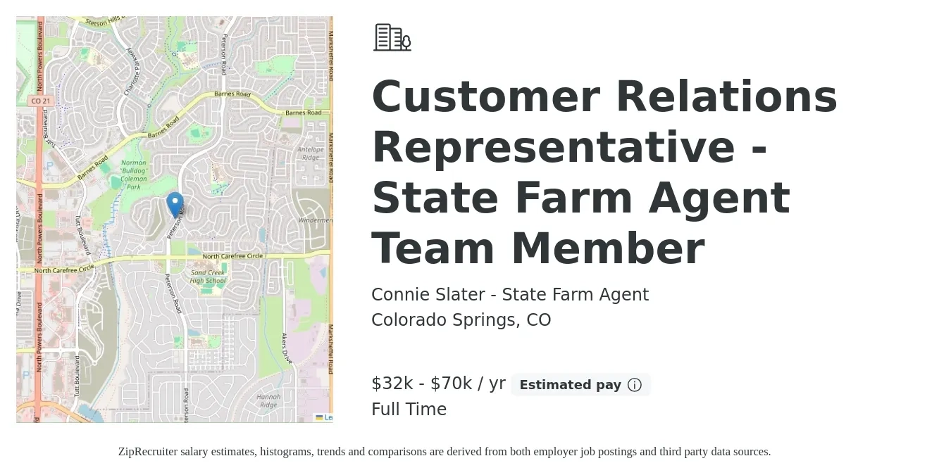 Connie Slater - State Farm Agent job posting for a Customer Relations Representative - State Farm Agent Team Member in Colorado Springs, CO with a salary of $37,000 to $65,000 Yearly with a map of Colorado Springs location.