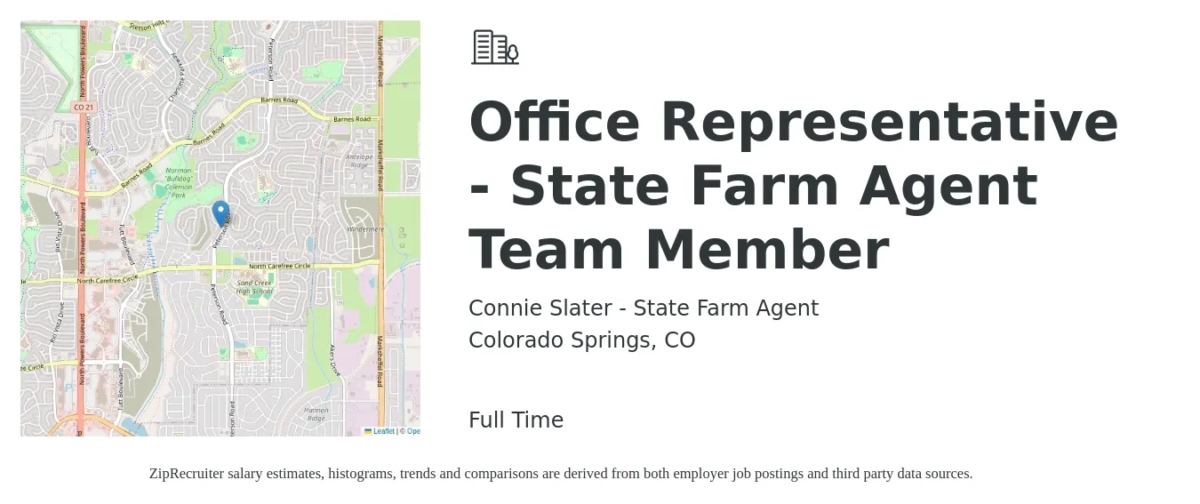Connie Slater - State Farm Agent job posting for a Office Representative - State Farm Agent Team Member in Colorado Springs, CO with a salary of $39,500 to $54,300 Yearly with a map of Colorado Springs location.