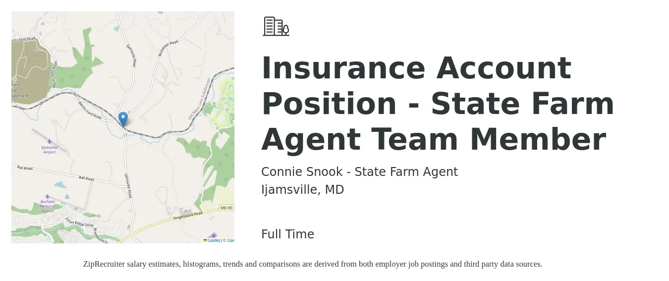 Connie Snook - State Farm Agent job posting for a Insurance Account Position - State Farm Agent Team Member in Ijamsville, MD with a salary of $40,400 to $55,500 Yearly with a map of Ijamsville location.