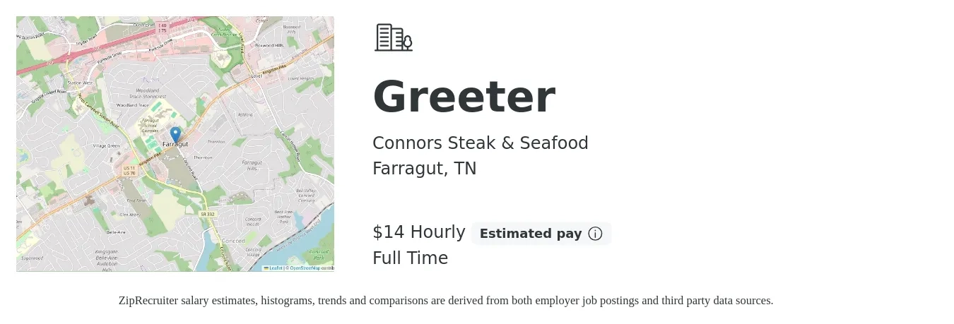 Connors Steak & Seafood job posting for a Greeter in Farragut, TN with a salary of $15 Hourly with a map of Farragut location.