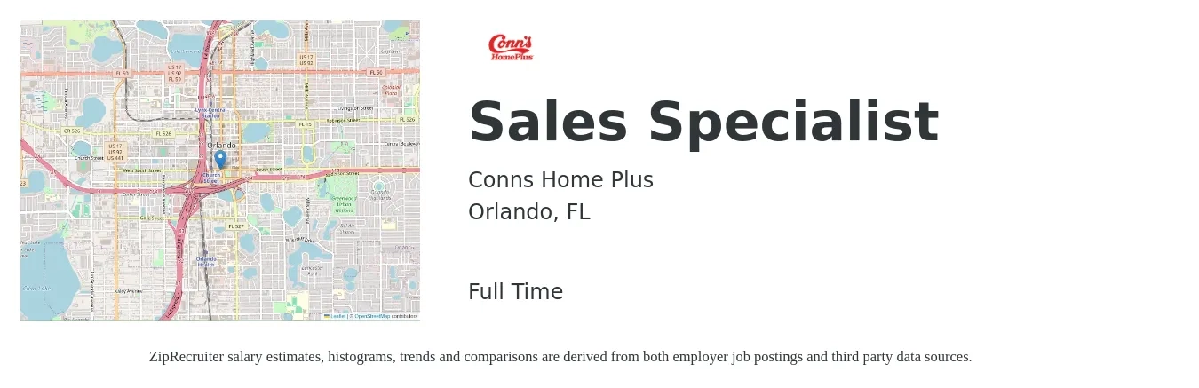 Conns Home Plus job posting for a Sales Specialist in Orlando, FL with a salary of $42,900 to $71,400 Yearly with a map of Orlando location.