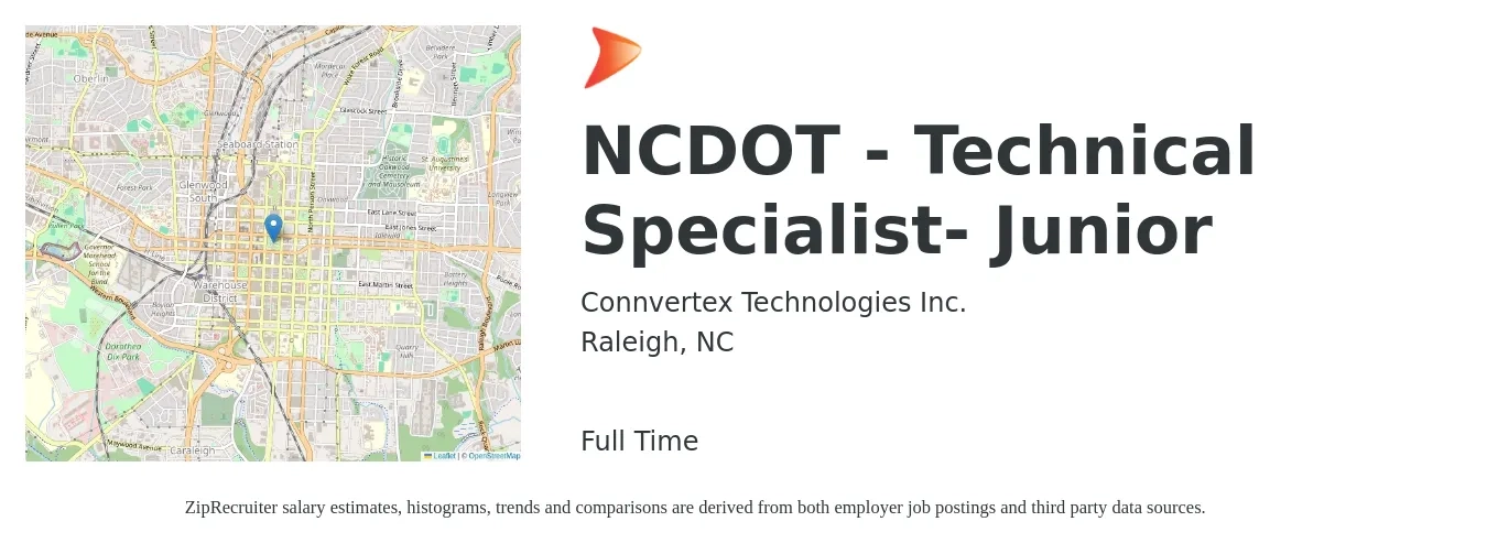 Connvertex Technologies Inc. job posting for a NCDOT - Technical Specialist- Junior in Raleigh, NC with a salary of $45,200 to $91,400 Yearly with a map of Raleigh location.