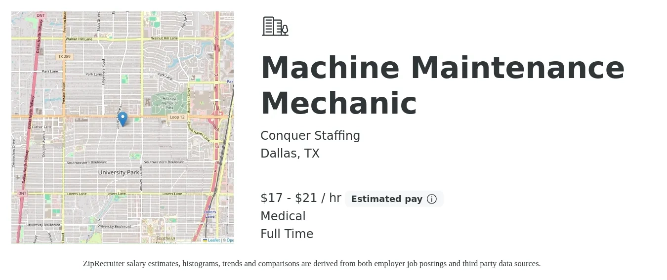 Conquer Staffing job posting for a Machine Maintenance Mechanic in Dallas, TX with a salary of $18 to $22 Hourly and benefits including medical with a map of Dallas location.