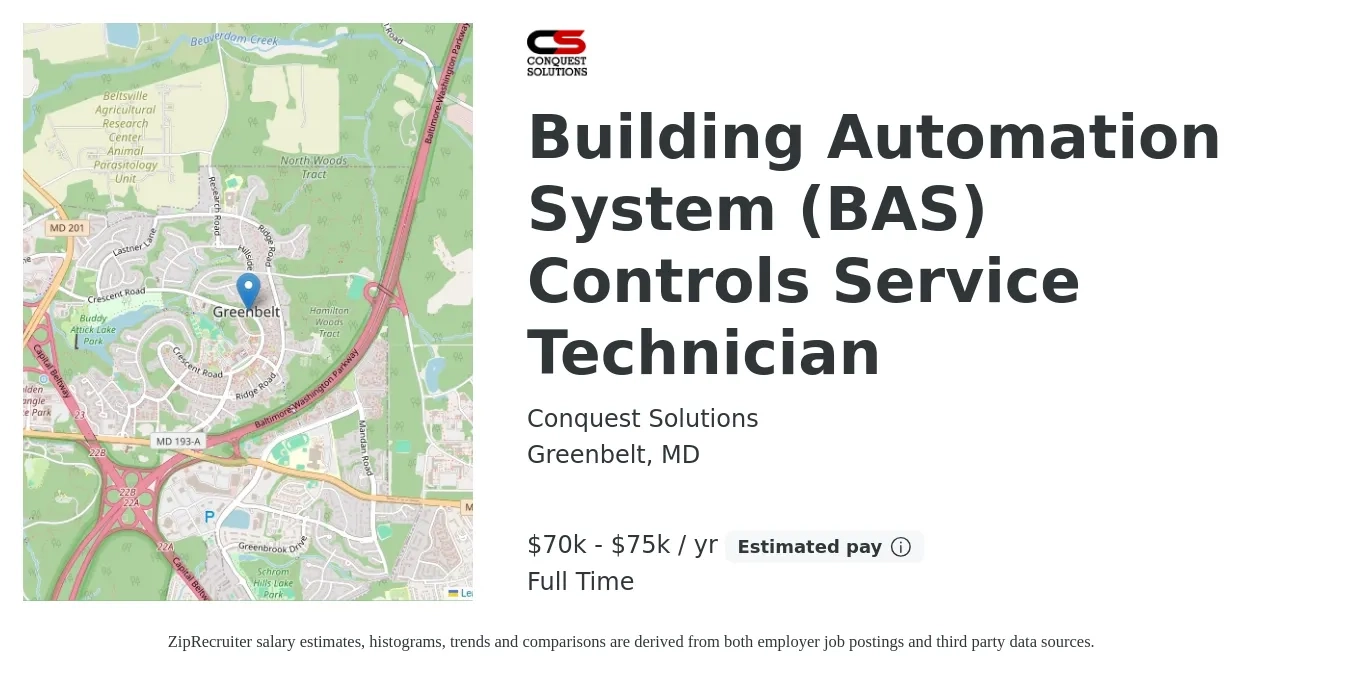 Conquest Solutions job posting for a Building Automation System (BAS) Controls Service Technician in Greenbelt, MD with a salary of $70,000 to $75,000 Yearly with a map of Greenbelt location.