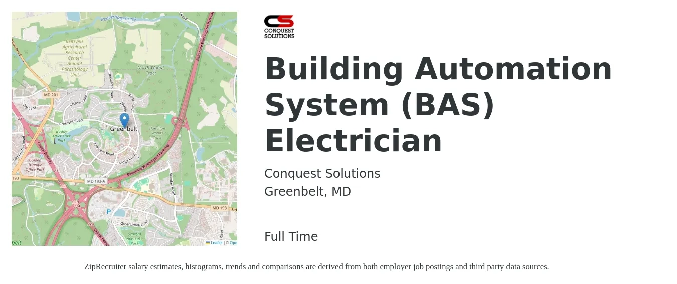 Conquest Solutions job posting for a Building Automation System (BAS) Electrician in Greenbelt, MD with a salary of $32 to $48 Hourly with a map of Greenbelt location.