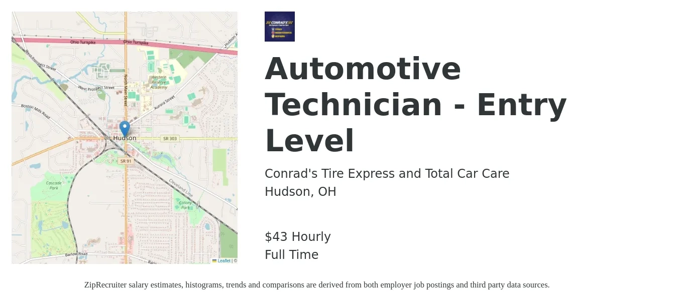 Conrad's Tire Express and Total Car Care job posting for a Automotive Technician - Entry Level in Hudson, OH with a salary of $12 to $15 Hourly with a map of Hudson location.