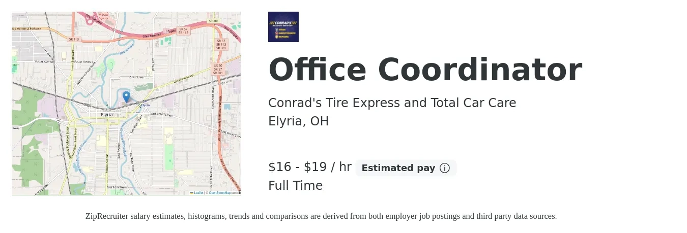 Conrad's Tire Express and Total Car Care job posting for a Office Coordinator in Elyria, OH with a salary of $17 to $20 Hourly with a map of Elyria location.