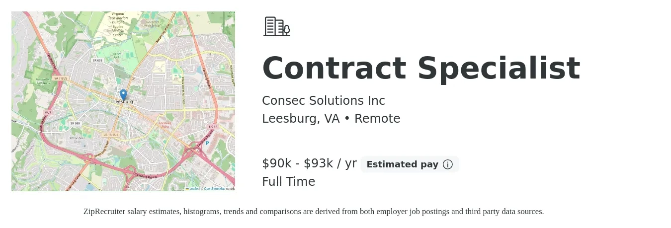 Consec Solutions Inc job posting for a Contract Specialist in Leesburg, VA with a salary of $90,000 to $93,000 Yearly with a map of Leesburg location.
