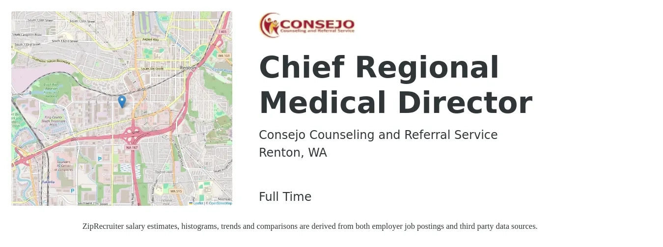Consejo Counseling and Referral Service job posting for a Chief Regional Medical Director in Renton, WA with a salary of $150,000 to $250,000 Yearly with a map of Renton location.