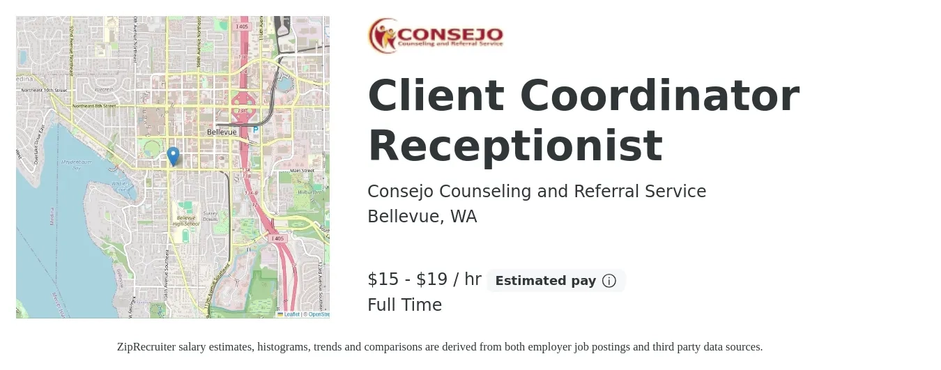 Consejo Counseling and Referral Service job posting for a Client Coordinator Receptionist in Bellevue, WA with a salary of $16 to $20 Hourly with a map of Bellevue location.