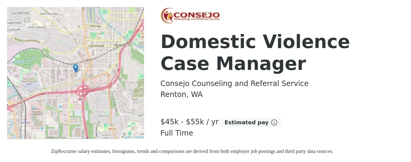 Consejo Counseling and Referral Service job posting for a Domestic Violence Case Manager in Renton, WA with a salary of $45,000 to $55,000 Yearly with a map of Renton location.