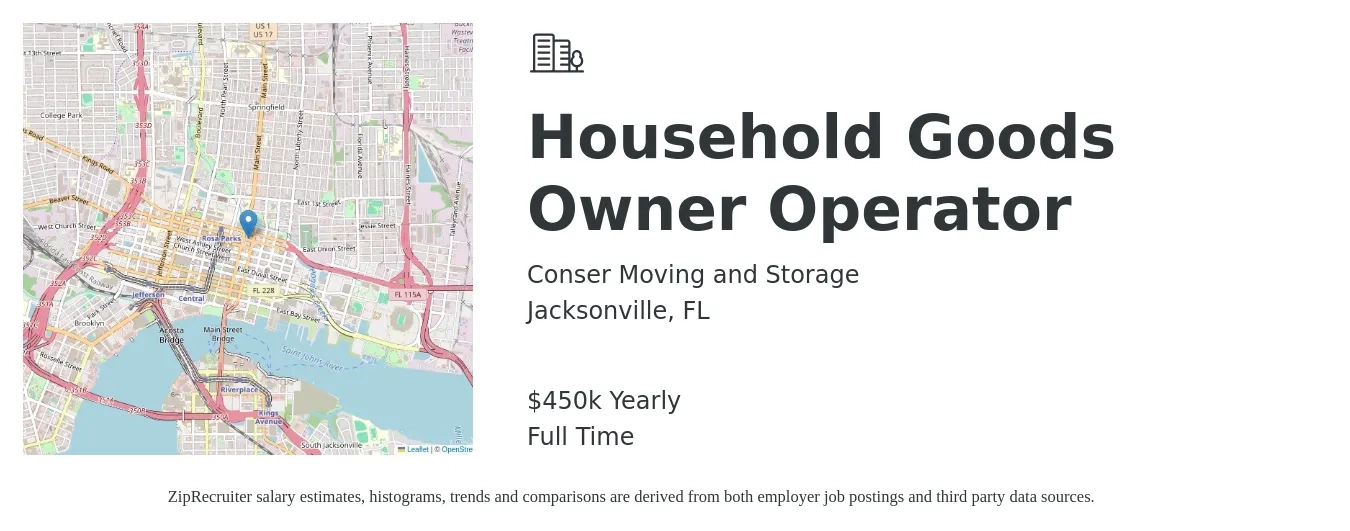 Conser Moving and Storage job posting for a Household Goods Owner Operator in Jacksonville, FL with a salary of $450,000 Yearly with a map of Jacksonville location.