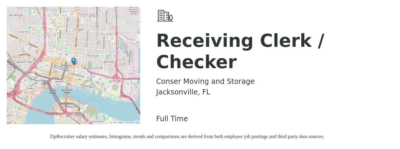 Conser Moving and Storage job posting for a Receiving Clerk / Checker in Jacksonville, FL with a salary of $14 to $17 Hourly with a map of Jacksonville location.