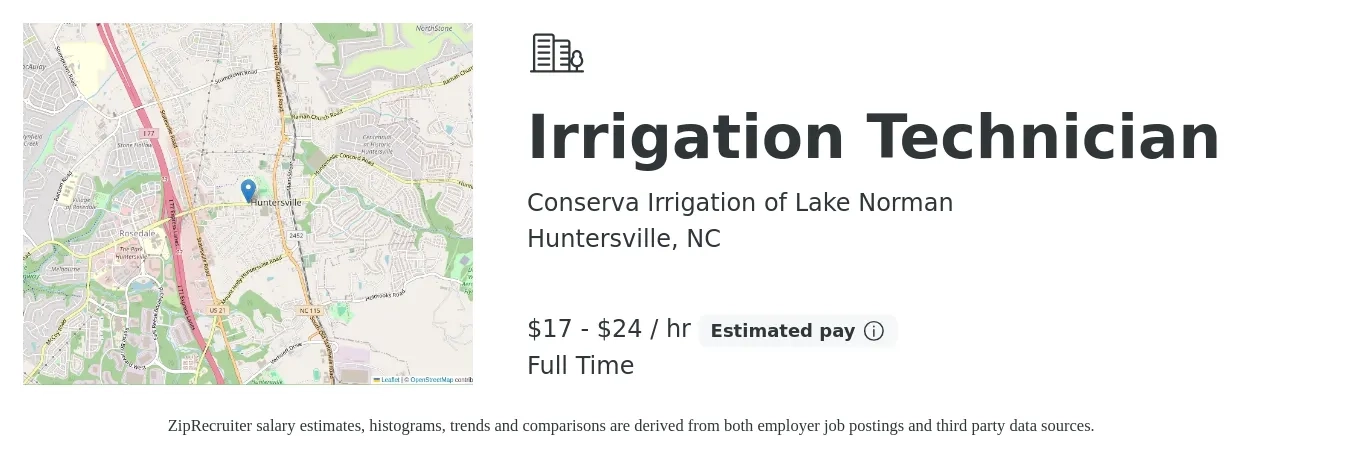 Conserva Irrigation of Lake Norman job posting for a Irrigation Technician in Huntersville, NC with a salary of $18 to $25 Hourly (plus commission) with a map of Huntersville location.