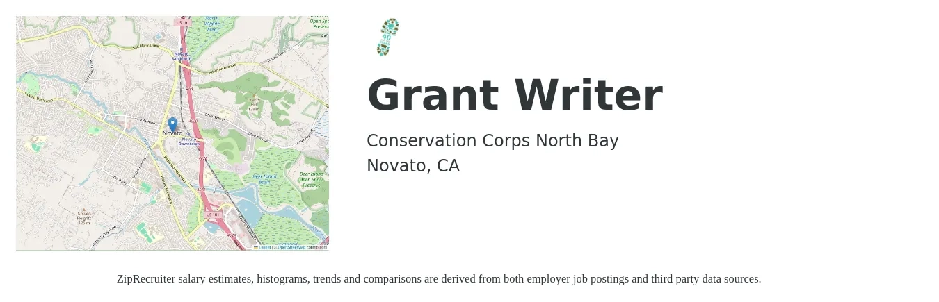 Conservation Corps North Bay job posting for a Grant Writer in Novato, CA with a salary of $68,000 to $76,000 Yearly with a map of Novato location.