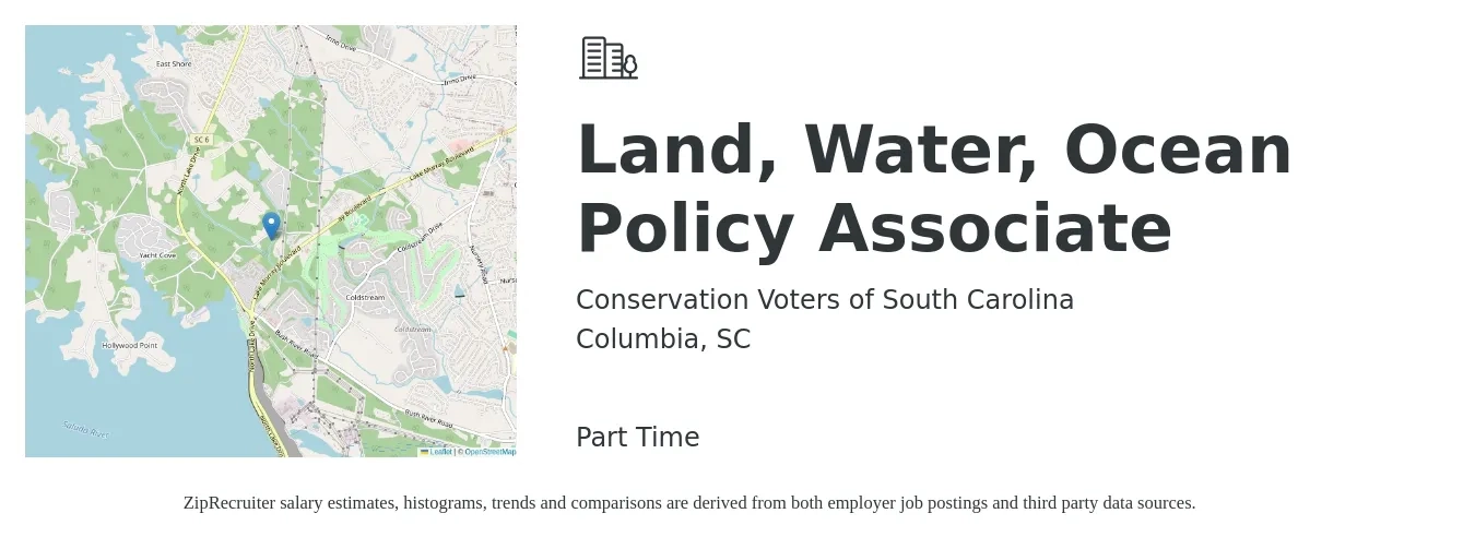 Conservation Voters of South Carolina job posting for a Land, Water, Ocean Policy Associate in Columbia, SC with a salary of $15 to $20 Hourly with a map of Columbia location.