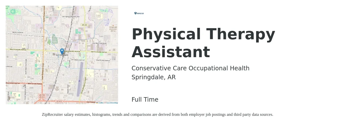 Conservative Care Occupational Health job posting for a Physical Therapy Assistant in Springdale, AR with a salary of $25 to $33 Hourly with a map of Springdale location.