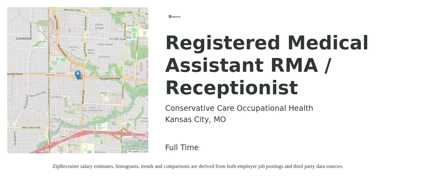 Conservative Care Occupational Health job posting for a Registered Medical Assistant RMA / Receptionist in Kansas City, MO with a salary of $16 to $20 Hourly with a map of Kansas City location.