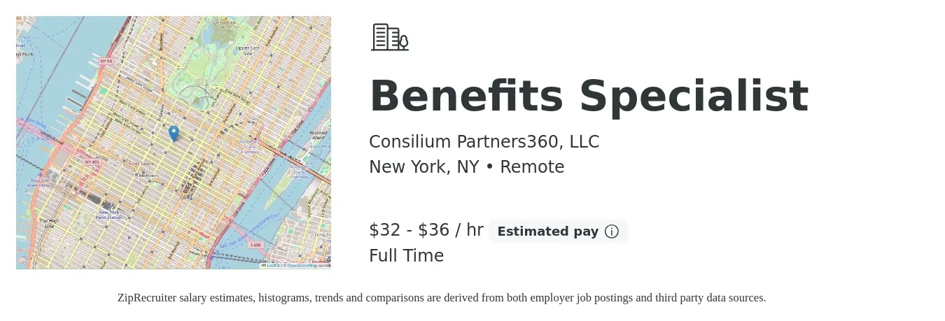Consilium Partners360, LLC job posting for a Benefits Specialist in New York, NY with a salary of $80,000 to $90,000 Yearly with a map of New York location.