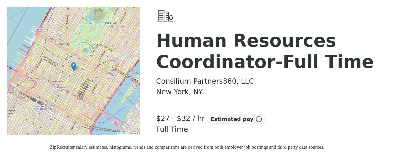 Consilium Partners360, LLC job posting for a Human Resources Coordinator-Full Time in New York, NY with a salary of $60,000 to $70,000 Yearly with a map of New York location.