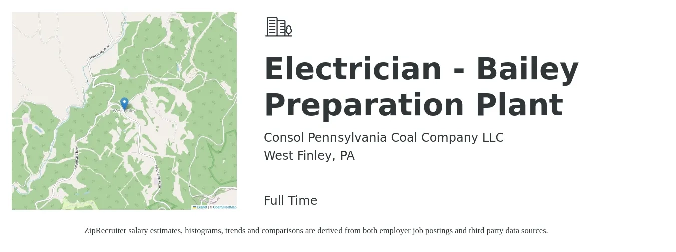 Consol Pennsylvania Coal Company LLC job posting for a Electrician - Bailey Preparation Plant in West Finley, PA with a salary of $26 to $46 Hourly with a map of West Finley location.