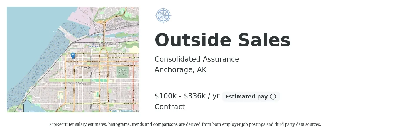 Consolidated Assurance job posting for a Outside Sales in Anchorage, AK with a salary of $100,000 to $336,000 Yearly with a map of Anchorage location.
