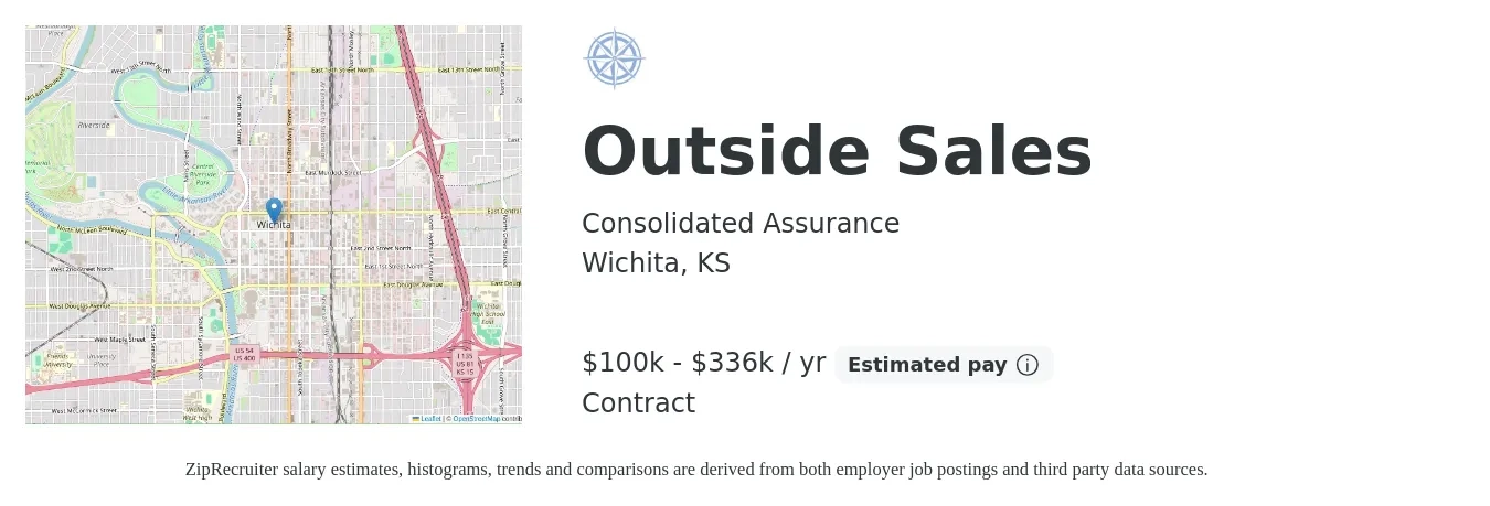 Consolidated Assurance job posting for a Outside Sales in Wichita, KS with a salary of $100,000 to $336,000 Yearly with a map of Wichita location.