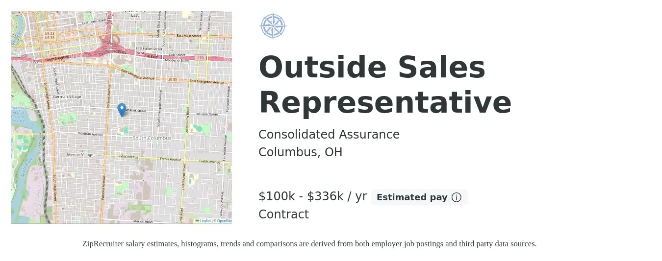 Consolidated Assurance job posting for a Outside Sales Representative in Columbus, OH with a salary of $100,000 to $336,000 Yearly with a map of Columbus location.