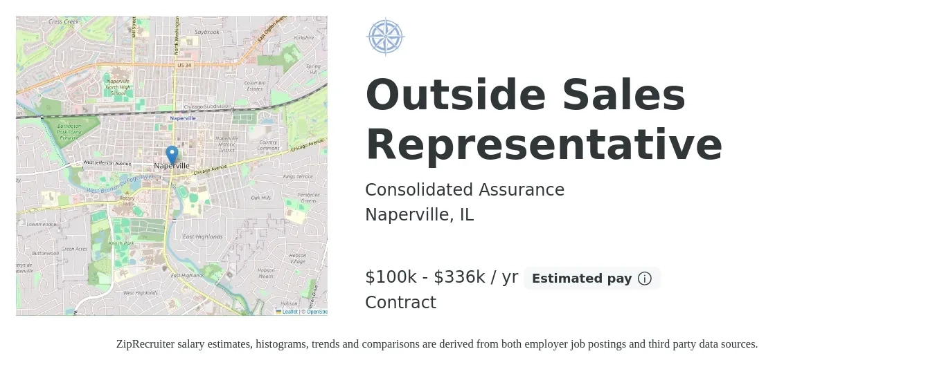 Consolidated Assurance job posting for a Outside Sales Representative in Naperville, IL with a salary of $100,000 to $336,000 Yearly with a map of Naperville location.