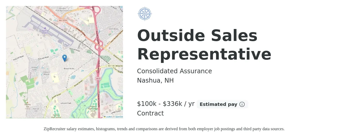 Consolidated Assurance job posting for a Outside Sales Representative in Nashua, NH with a salary of $100,000 to $336,000 Yearly with a map of Nashua location.