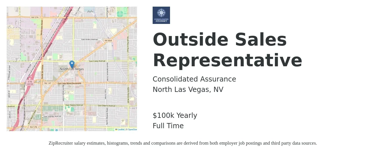 Consolidated Assurance job posting for a Outside Sales Representative in North Las Vegas, NV with a salary of $100,000 to $336,000 Yearly with a map of North Las Vegas location.