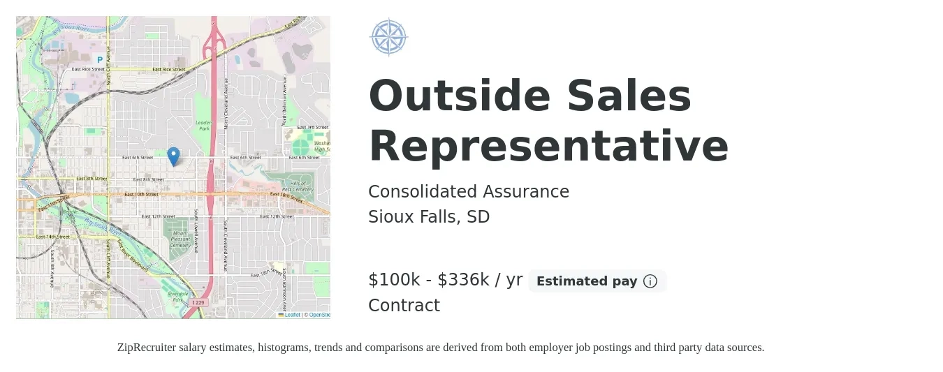 Consolidated Assurance job posting for a Outside Sales Representative in Sioux Falls, SD with a salary of $100,000 to $336,000 Yearly with a map of Sioux Falls location.